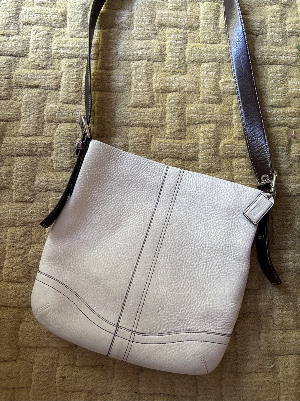 Coach Chalk Pebbled Leather Crossbody with Dark Brown Strap